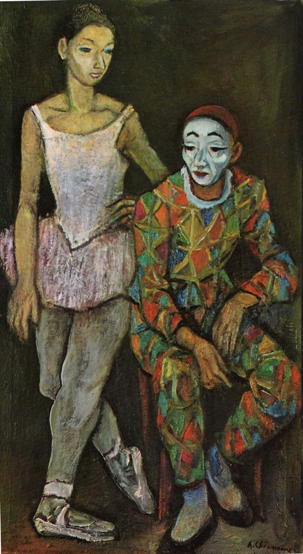 Arlecchino e ballerina, 1948-52, olio su tela, cm 125x70, Bologna, Galleria Cinquantasei